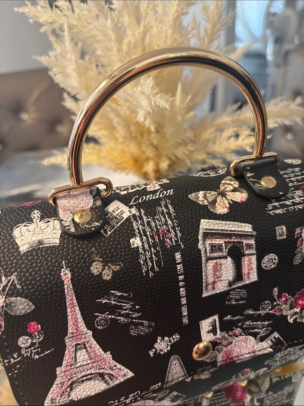 Black Paris Print Top-Handle Crossbody Bag with Gold Hardware - Picture 10 of 12